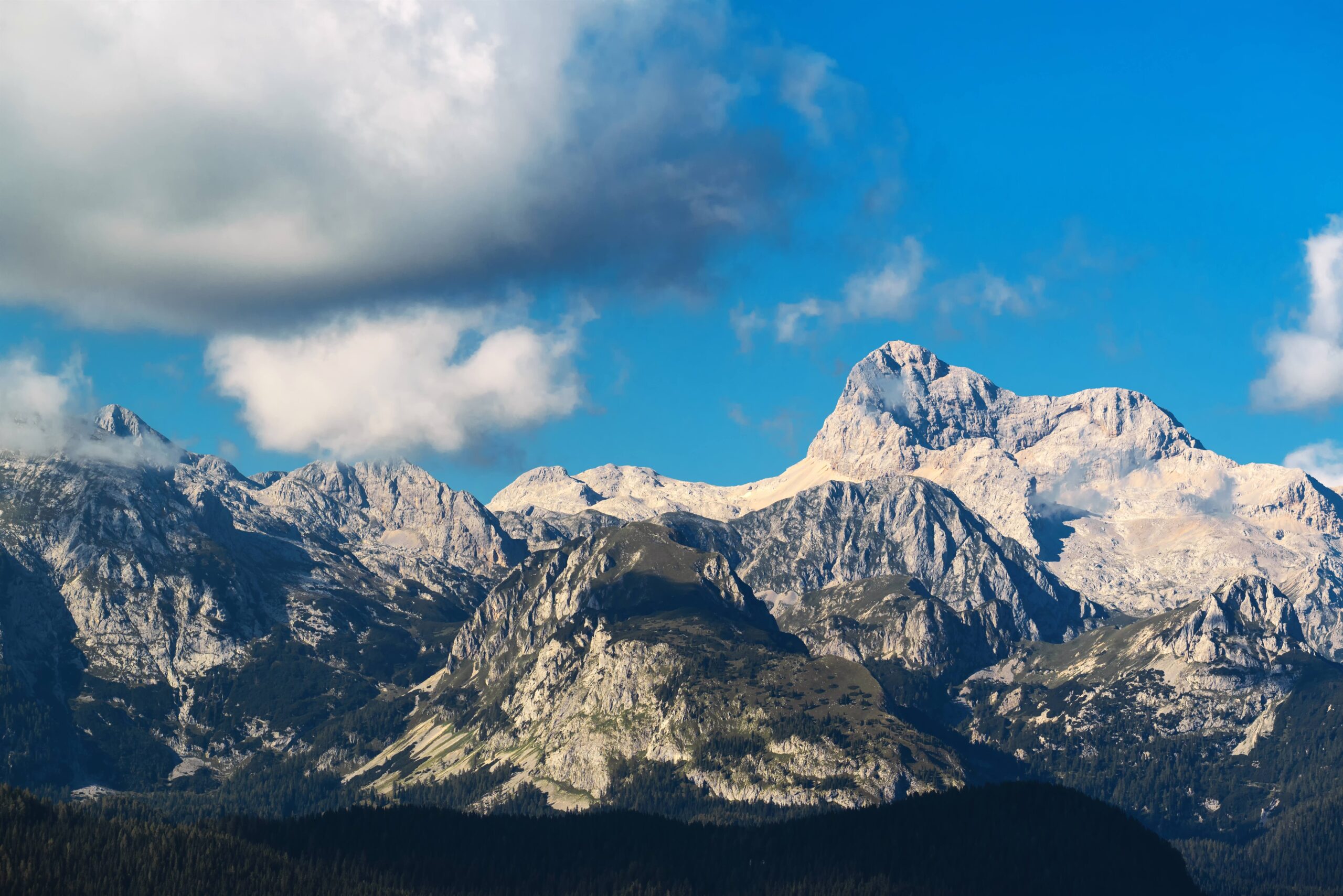 Triglav mountain peak in Slovenia national park on bright sunny day